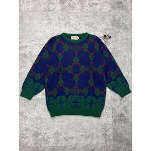 Vintage 90s Tour De Force Patterned Blue & Green Knit Sweater